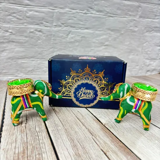 Diwali Gift Hamper Elephant Candle Holder Happy Diwali Stickers Custom Gifts Boxes Handmade Indian Festival Deepawali Hamper for Employees Home Office Friends Family - Return Gift Items Green {1}