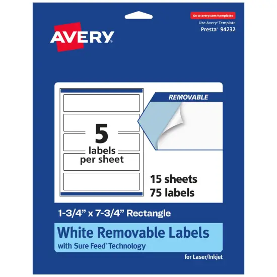 Avery Matte White Removable Rectangle Labels with Sure Feed Technology, Print-to-the-Edge, 1.75" x 7.75" {1}