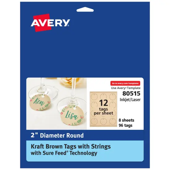 Avery Kraft Brown Round Tags with Sure Feed Technology, 2" Diameter, Laser/Inkjet, 96 Printable Tags with Strings Included, Also Great for Gift Tags and Favor Tags (80515) {1}
