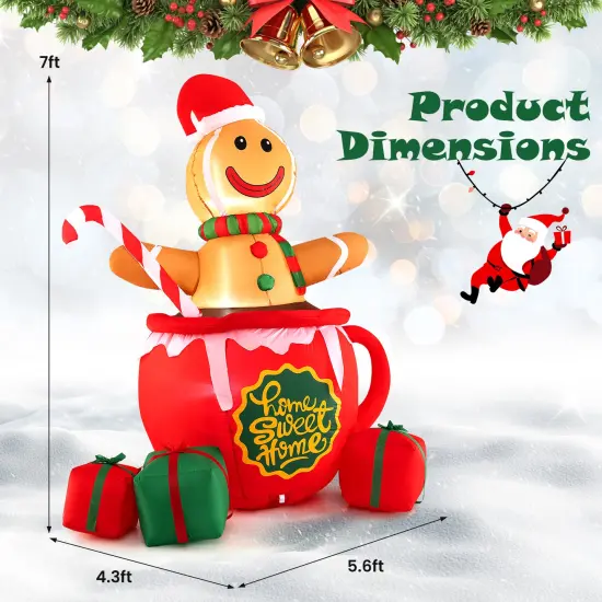 7 Feet Inflatable Gingerbread Man Hot Cocoa Mug with Built-in LED Lights and Gift Boxes {4}