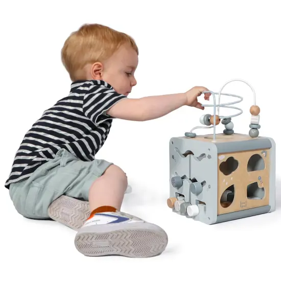 Label Label: 5-In-1 Activity Cube - Blue - Wooden Toy, Shape Sorter, Cog Wheels, Track Maze, Xylophone, Bead Labyrinth, Baby & Toddlers Ages 1+ {4}