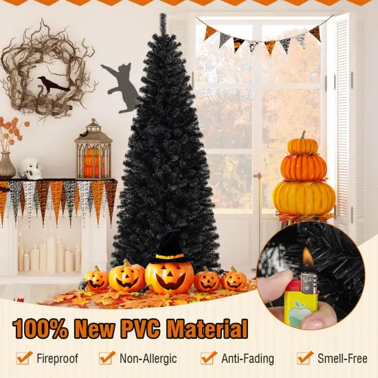 Costway 7ft Pre-lit PVC Christmas Halloween Pencil Tree Black with 350 LED Lights {6}