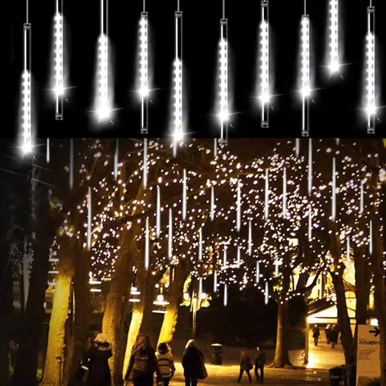 Aluan Christmas Lights Outdoor Meteor Shower Lights White 16 Inch 10 Tubes 360 LED Falling Rain Lights Waterproof Snowfall Dripping Icicle Lights for Xmas Tree Holiday Decoration Yard Porch Patio {1}