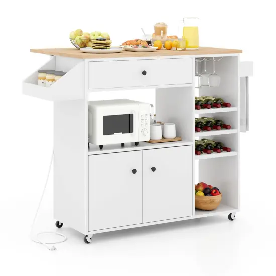 Kitchen Drop Leaf Island Cart with Power Outlets and Wine Rack Storage Shelves Locking Wheels White {4}