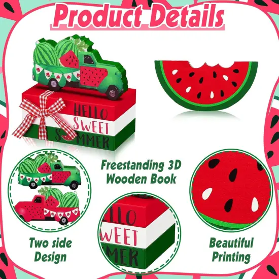 5 Pcs Watermelon Table Decorations Summer Tiered Tray Decor Mini Wooden Decorative Books Stack with Twine with Wood Truck Sign for Home Kitchen Shelf Tabletop Centerpieces {3}