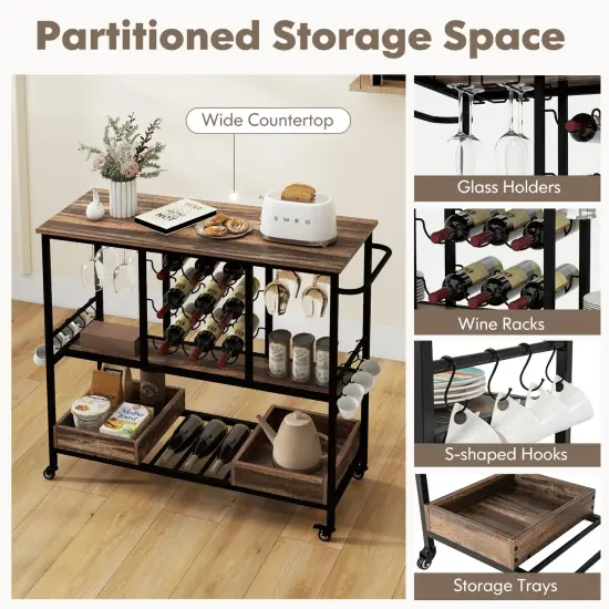 3 Tiers Bar Cart on Wheels with Glass Racks Brown {6}