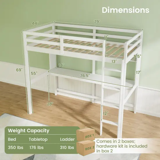 3-in-1 Twin Size Space-saving Loft Platform Bed Frame with 13 Wooden Slat and Safety Guardrails White {4}