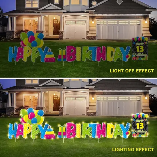 Happy Birthday Yard Signs with Stakes - 2 x LED Lights and Personalized Signs with 20 Number Stickers - 16" Large Birthday Yard Signs Colourful Outdoor Lawn Decorations, REUSABLE, WEATHERPROOF {2}