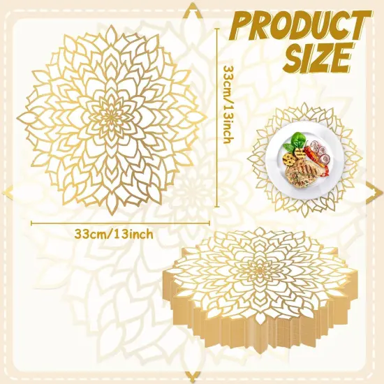 50PCS Disposable Gold White Metallic Round Paper PlaceMats Round Floral Charger Table Mat Table Setting Mat Pressed Paper Round Place Mats for Wedding Birthday Party Dining Table Decor Supplies {2}