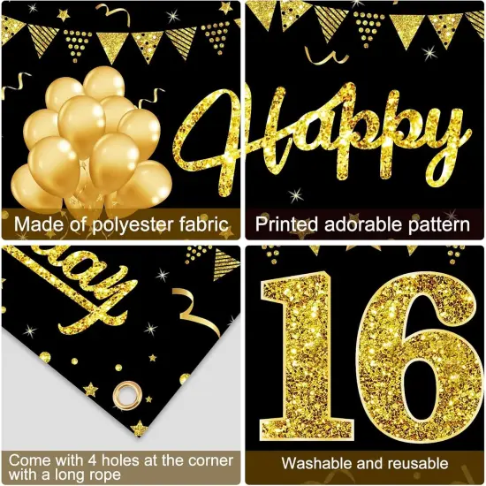 Happy 16th Birthday Banner Decorations for Boys, Black Gold 16 Birthday Signs Party Supplies, Sweet Sixteen Birthday Party Decor for Outdoor Indoor {5}
