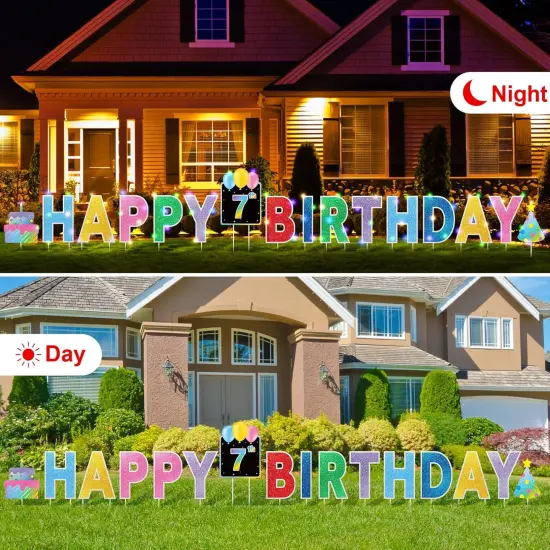 16 Pcs Happy Birthday Yard Signs with Stakes, 32.8 ft LED Lights, 42 Pcs Number Stickers, 13.4 Inch Letters Signs for Birthday Party Supplies Yard Lawn Outdoor Decoration(Colorful) {2}