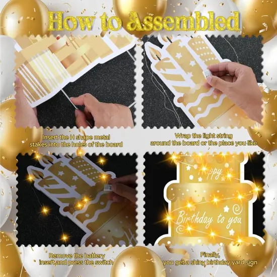 Happy Birthday Yard Sign with Stakes for Birthday Decor LED Lights White Gold Birthday Lawn Sign 27.6" Large Personalized Signs with Number Letter Stickers for Celebrations Birthday Party Decoration {5}