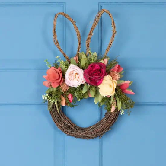 Northlight Wooden Floral Easter Bunny Ears Twig Wreath - 15" Pink {1}