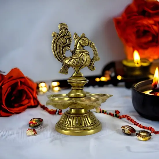 Peacock Deepam Brass Finish Diya Annam Deepak Samai Oil Lamp with Base Indian Festival Diwali Diya Hindu Puja Religious Home Decor Pooja Lamp Indian Housewarming Wedding Return Gift {3}