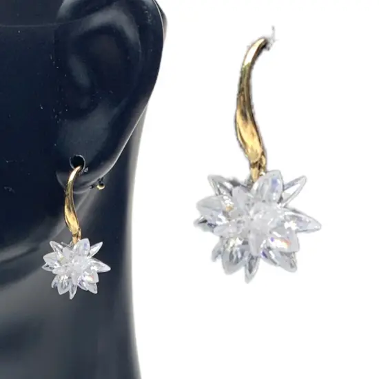 Dangle Earrings for Women - Small Flower Earring with White Crystal Teardrop Leverback Dangle Earrings Trendy Bollywood Style Upscale Dangly Earrings - Birthday Gift for Her Rodium {3}