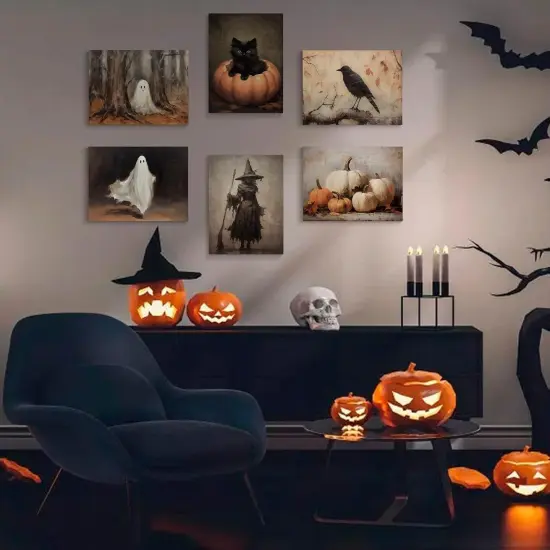 6 Pieces Vintage Halloween Canvas Wall Art - 12x16 Inches {3}