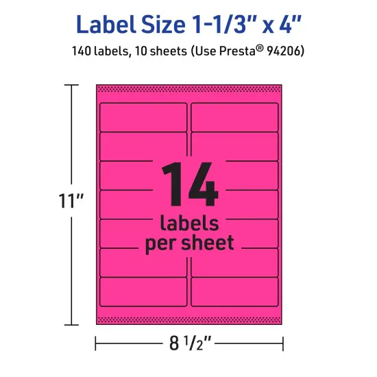 Avery Neon Magenta Paper Labels, 1-1/3" x 4" Rectangle {5}