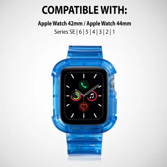 Insten Crystal Clear Watch Band with Rugged Bumper Case For Apple Watch 44mm 42mm Series SE 6 5 4 3 2 1, Replacement Soft TPU Transparent Strap, Clear Blue {5}