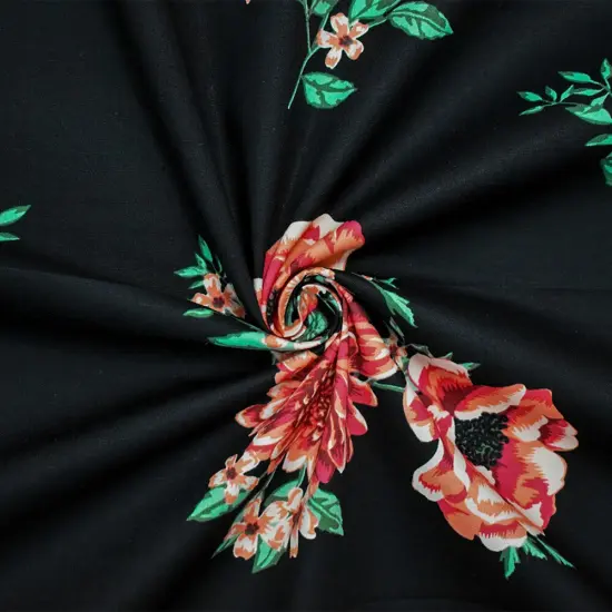 Black-Orange-Multi Cotton Floral Printed Stretch Spandex Poplin Woven Fabric By the Yard {1}