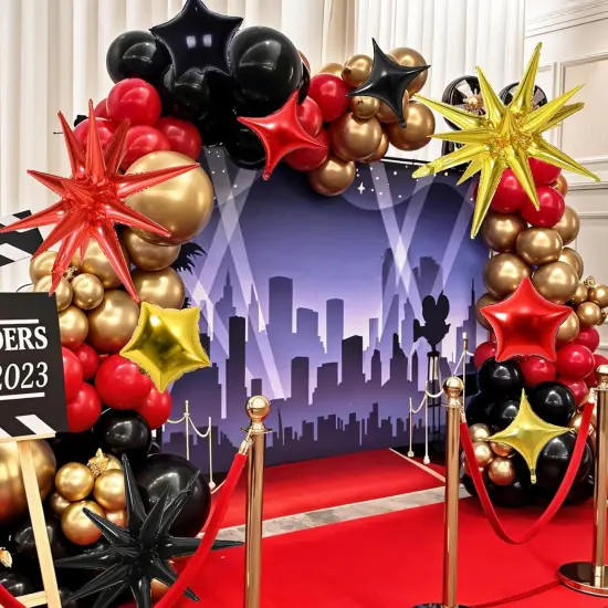 Red Black and Gold Star Balloons Foil 10in 4-Pointed(Black Red Gold) {6}