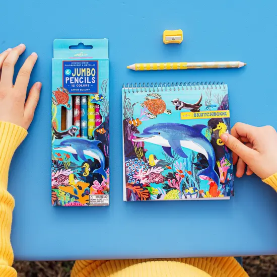 eeBoo: Double-Sided Jumbo Colored Pencils &ndash; Sea Life - 6pc Set, 12 Metallic & Fluorescent Colors, Sharpener, Chunky Foil Barrel, Kids Art Supplies {6}