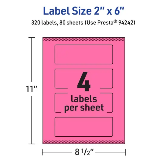 Avery Bright Pink Paper Labels, 2" x 6" Rectangle {5}