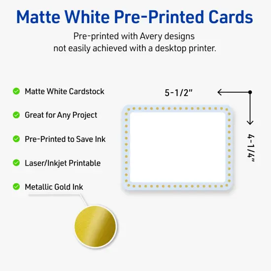 Avery Printable Rectangle Postcards with Rounded Corners, Gold Dots with Blue Border, 4.25" x 5.5", Matte White Rectangle Postcards with Rounded Corners, Laser/Inkjet, 20ct, Great for Postcards {2}