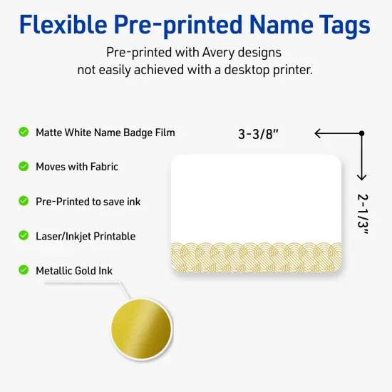 Avery Printable Rectangle Adhesive Name Badges, Pre-Printed Gold Lace Trim Pattern, Matte White, 2-1/3" x 3-3/8", Laser & Inkjet Compatible, 80 Total, Great for Branding, Marketing, and Events {2}