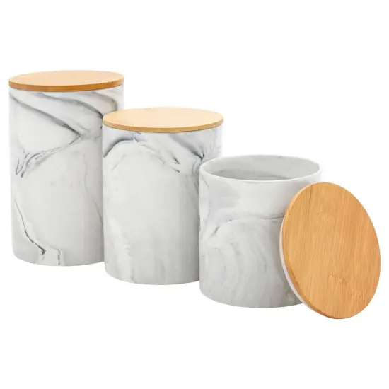 Set of 3 Marble Canisters with Airtight Wooden Bamboo Lids, Kitchen Counter Containers, Food Storage Jars, Ideal for Storing Sugar, Coffee, Snacks and Other Dry Goods, (3 Sizes) Grey {1}