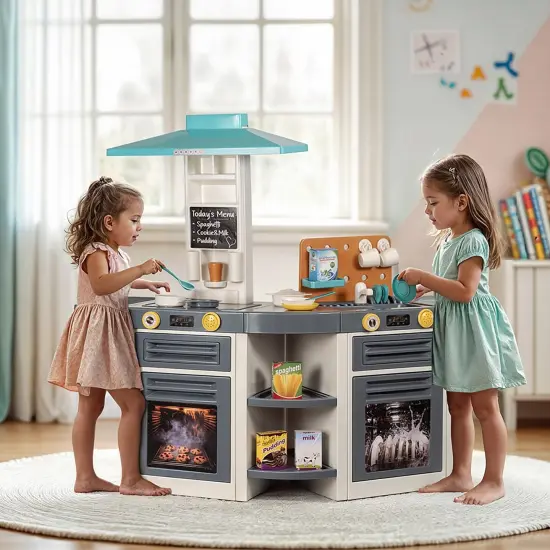 Dolu: XL Kitchen Set - Green-Yellow-Gray - 37pc Toy Cooking Center, Sounds Stove-Oven-Dishwasher Appliance Pretend Play, Dish-Food Accessories, Kid 3+ {3}