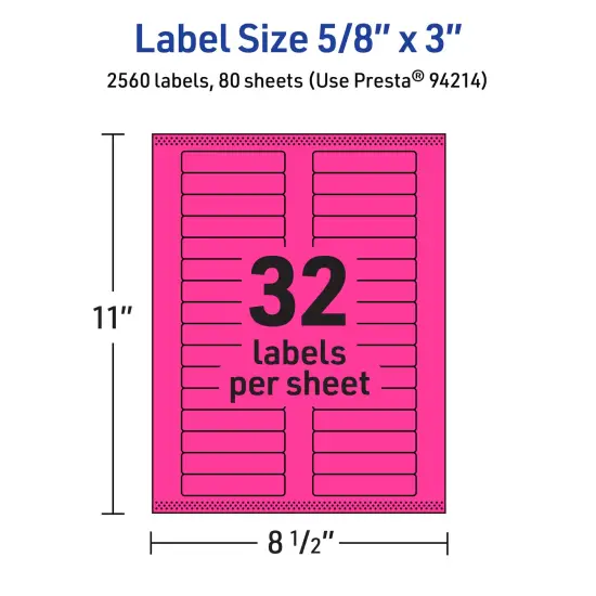 Avery Neon Magenta Paper Labels, 5/8" x 3" Rectangle {5}
