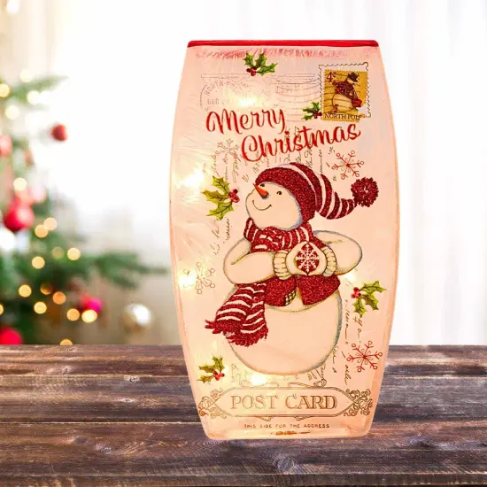 Stony Creek 7.75 In Vintage Postcard Med Vase Christmas Lighted Glass Accent , Christmas Decor Pre-Lit Electric Christmas SNOWMAN {4}