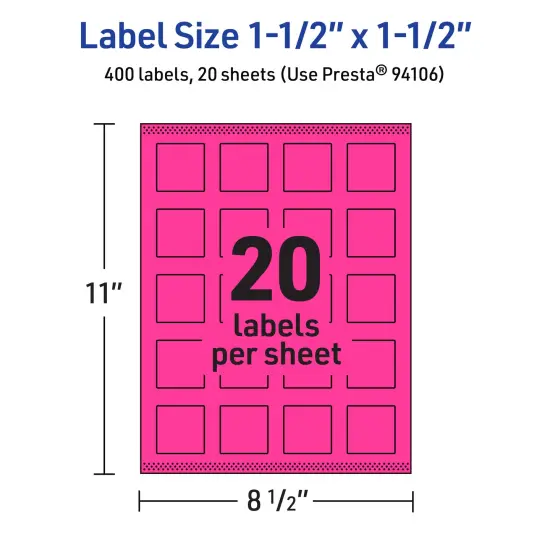 Avery Neon Magenta Paper Labels, 1.5" x 1.5" Square {5}