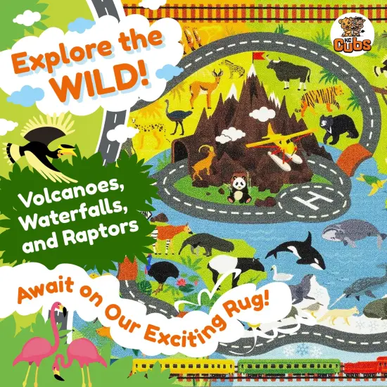KC Cubs: Educational Rug: Animal Safari Road Map - 3x5' Playmat - Interactive Toy Car Route, Activity Area Carpet, Bedroom-Classroom, Baby-Toddler-Kid {4}