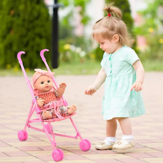 Little Darlings: Out For A Stroll - Flamingo Jumper Pink & Blue Outfit - 12" Baby Doll & Foldable Cupcake Pattern Toy Stroller, Soft Body, Kids Age 3+ {5}