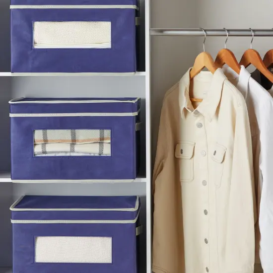 3 Pack Stackable Storage Bins With Lids, Handles, Foldable for Closet Organization (12 Inch, Navy Blue) {2}