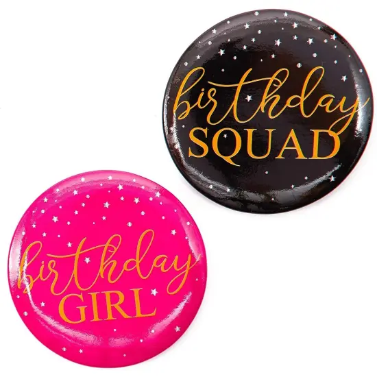 16 Pack Round Birthday Squad Buttons in 2 Designs, Black and Pink (2.3 Inch) Multicolor {3}