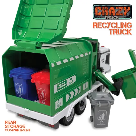 Crazy Truck: Recycling Truck - Lights & Sounds City Vehicle Toy Set, Pull Back Action, Trash Cans, Info Flash Cards, Realistic Mechanical Arm, Kids 3+ {5}
