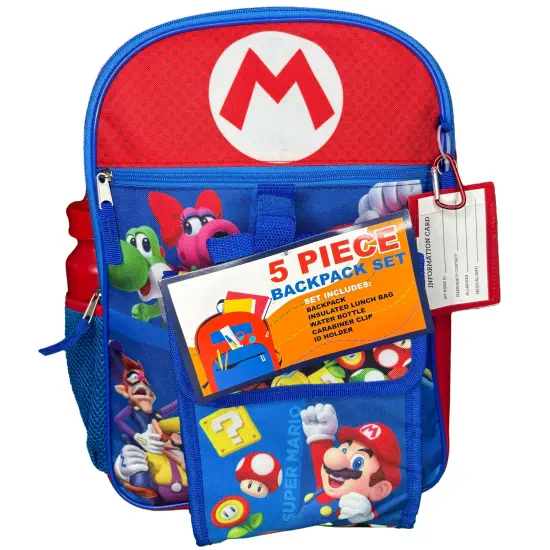 Nintendo Super Mario Red 5pc 16" School Backpack Set with a lunch bag, water bottle, carabiner clip & ID holder, Blue {3}