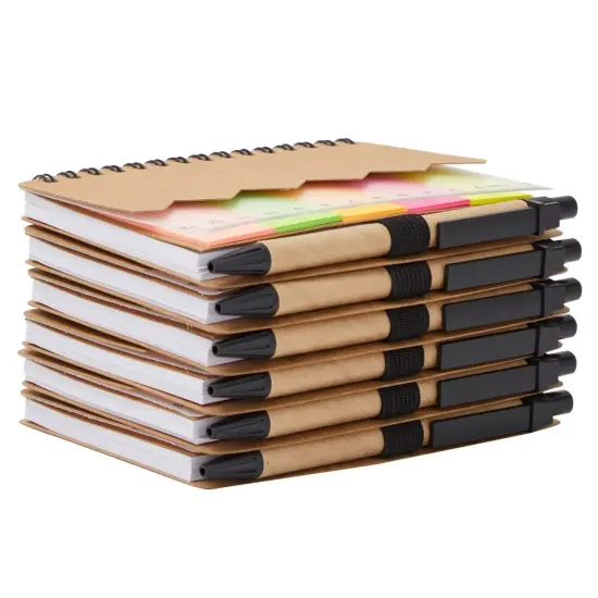6 Pack Pocket Notebook with Pen - Small Spiral Steno Notepads Bulk with Sticky Tabs and Ruler - Kraft Paper Cover (4 x 5.5 In) Brown {7}