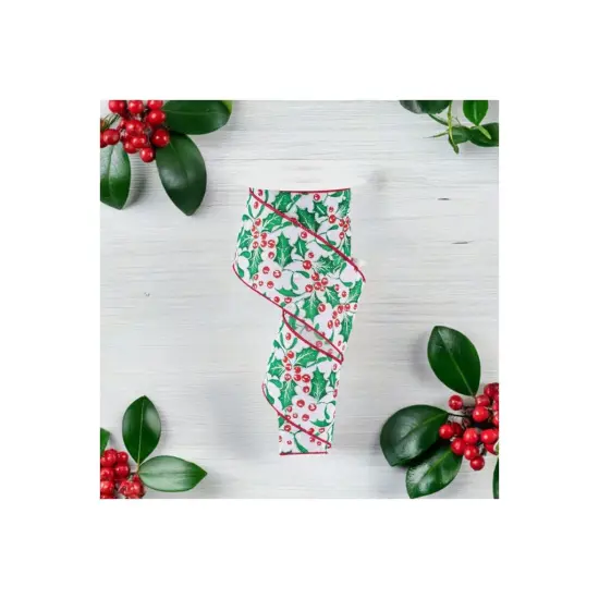2.5" Holly Berry Mistletoe Ribbon: White/Green (10 Yards) {3}