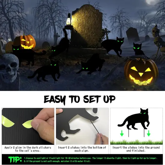 6 PCS Halloween Black Cat Yard Signs with Glow in Dark Eyes {5}