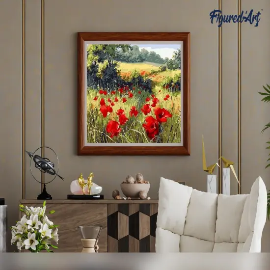 Figured'Art Paint by Numbers Kit for Adults Field of Poppies in the countryside 16"x20" - Craft Art Painting Rolled Canvas with DIY wooden frame {4}