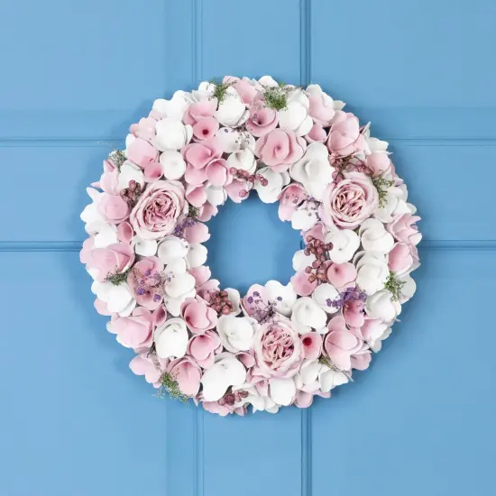 Northlight Wooden Floral Artificial Spring Wreath with Berries - 13.5" - Pink and White {1}