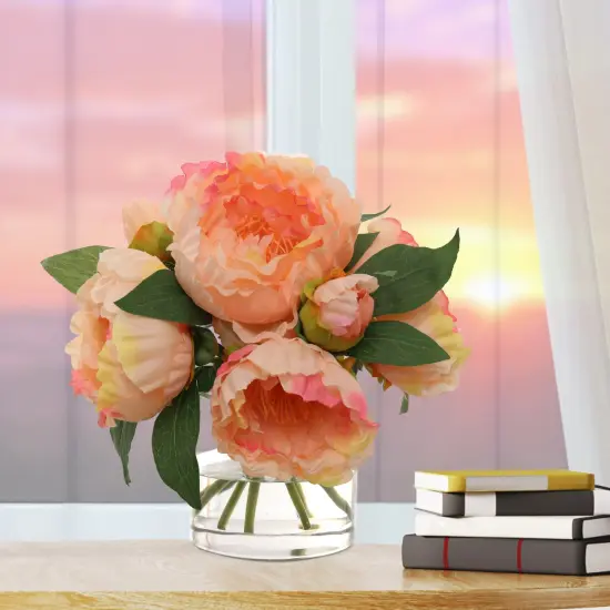 1 Piece 10" Pink Peony Flowers in Crystal Clear Glass Round Vase: Realistic Silk Blooms & Foliage, Office & Home Decor {2}