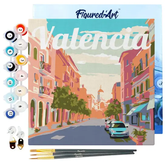 Figured'Art Mini Paint by Numbers Kit for Adults with Frame Travel Poster Valencia Small format 8"x8" - Craft Art Painting DIY Canvas Already Stretched on a Wooden Frame {1}