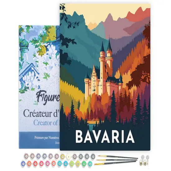 Figured'Art Paint by Numbers for Adults with Frame Travel Poster Bavaria 16"x20" - Craft Art Painting DIY Kit Canvas Already Stretched on a Wooden Frame {1}