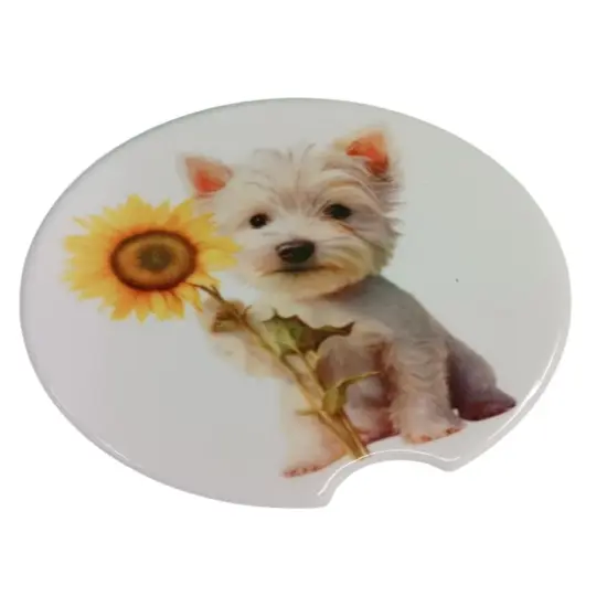 Adorable Terrier with Sunflower Ceramic Car Coaster Set 2.56" (2 Pack) {1}