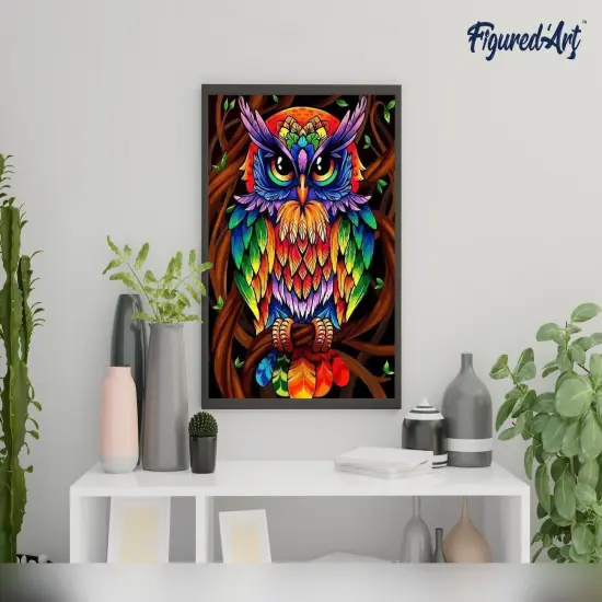 Figured'Art Paint by Numbers Kit for Adults Colourful Owl 16"x20" - Craft Art Painting Rolled Canvas with DIY wooden frame {4}