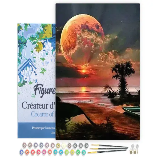 Figured'Art Paint by Numbers for Adults with Frame Full Moon and beach front 16"x20" - Craft Art Painting DIY Kit Canvas Already Stretched on a Wooden Frame {1}